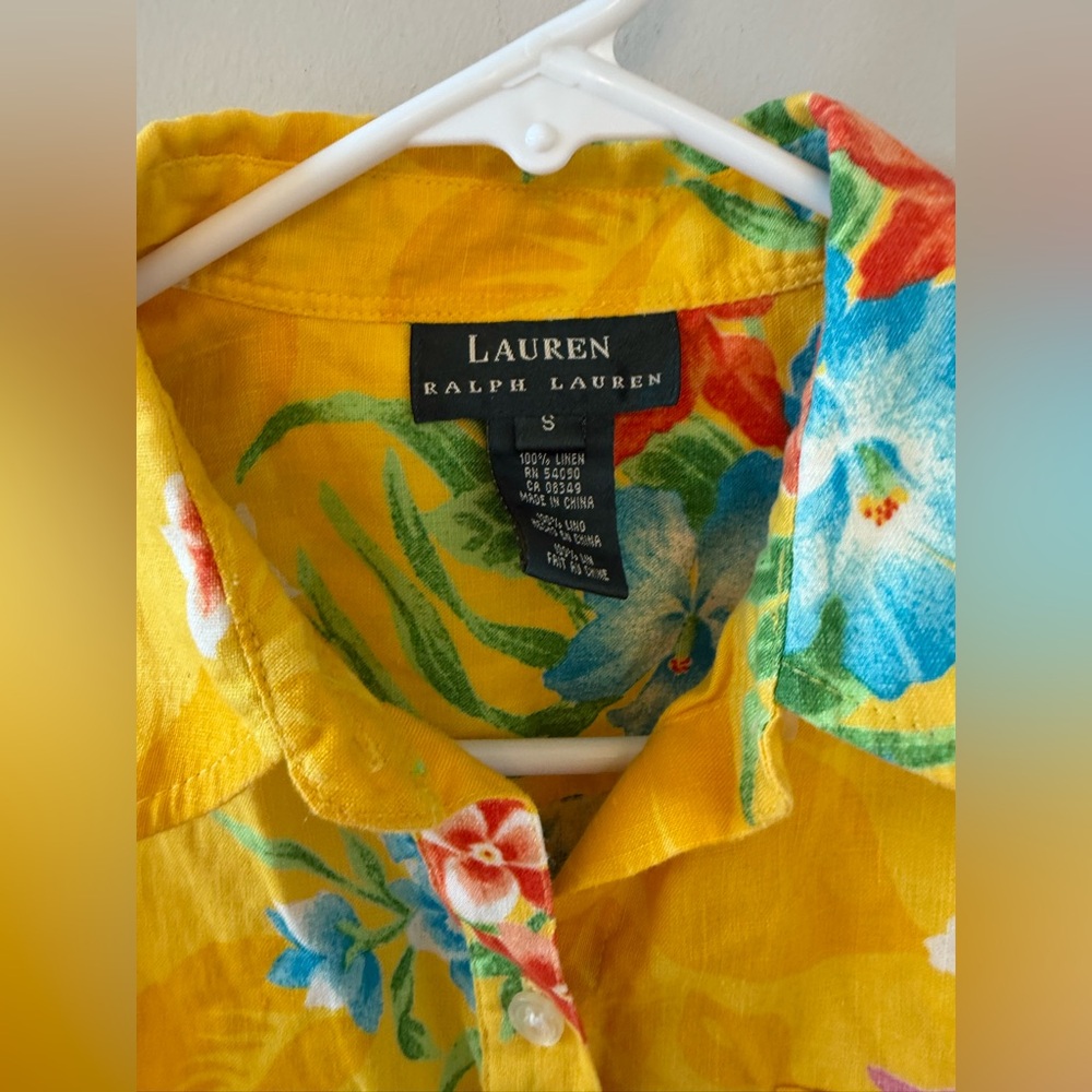 Ralph Lauren Yellow Floral Tie-Front Blouse 100% linen size small - Picture 3 of 4